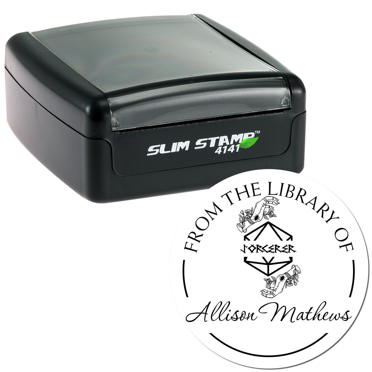 Black Slim Stamp 4141 self-inking stamp with custom round library seal in black text and ornate hand emblem.