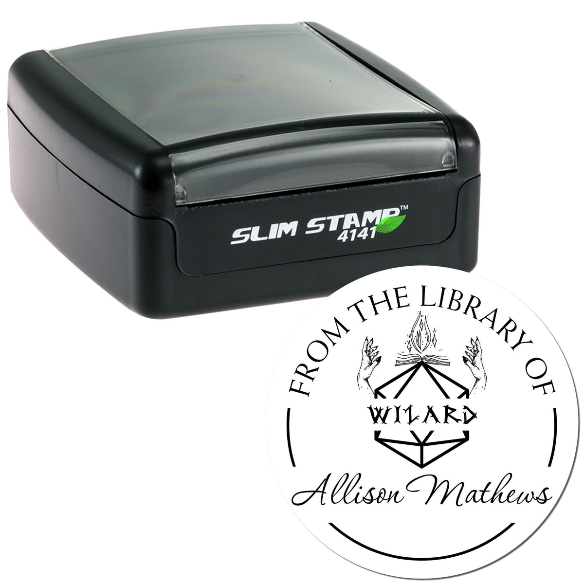Black Slim Stamp 4141 self-inking seal with white circular custom library design for Allison Mathews.