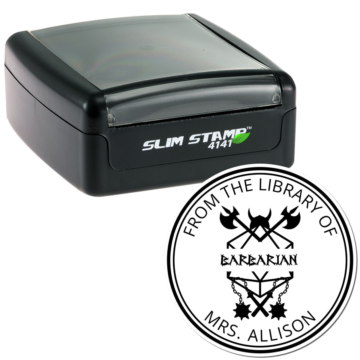 Black Slim Stamp 4141 with clear top and custom round seal reading ÂFrom the Library of Mrs. Allison.Â