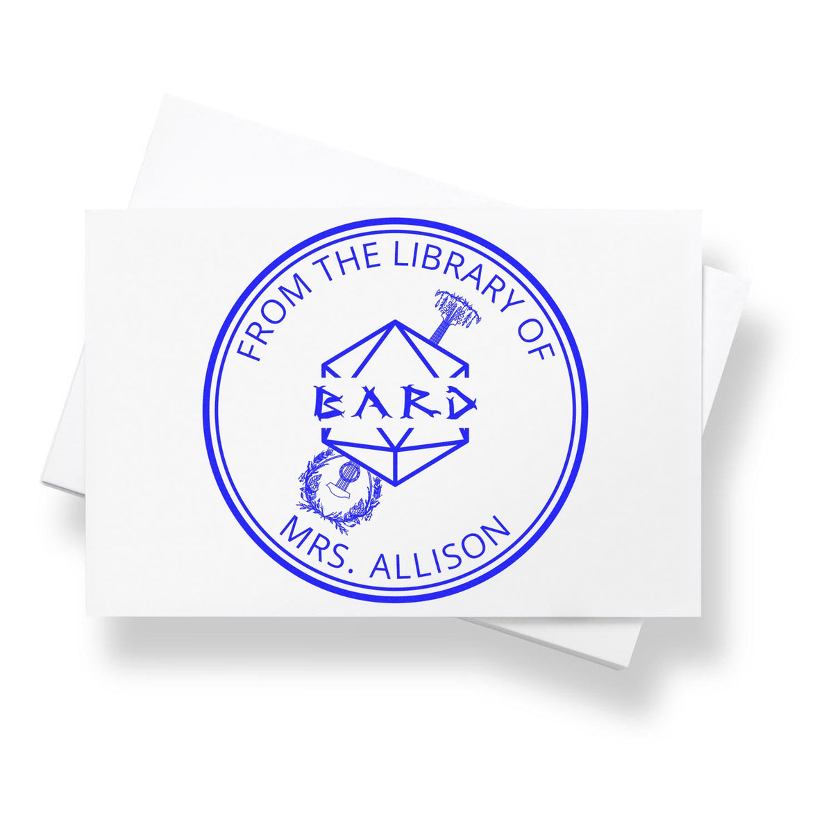 Blue circular library stamp and seal on white card, reading From the Library of Bard, Mrs. Allison.