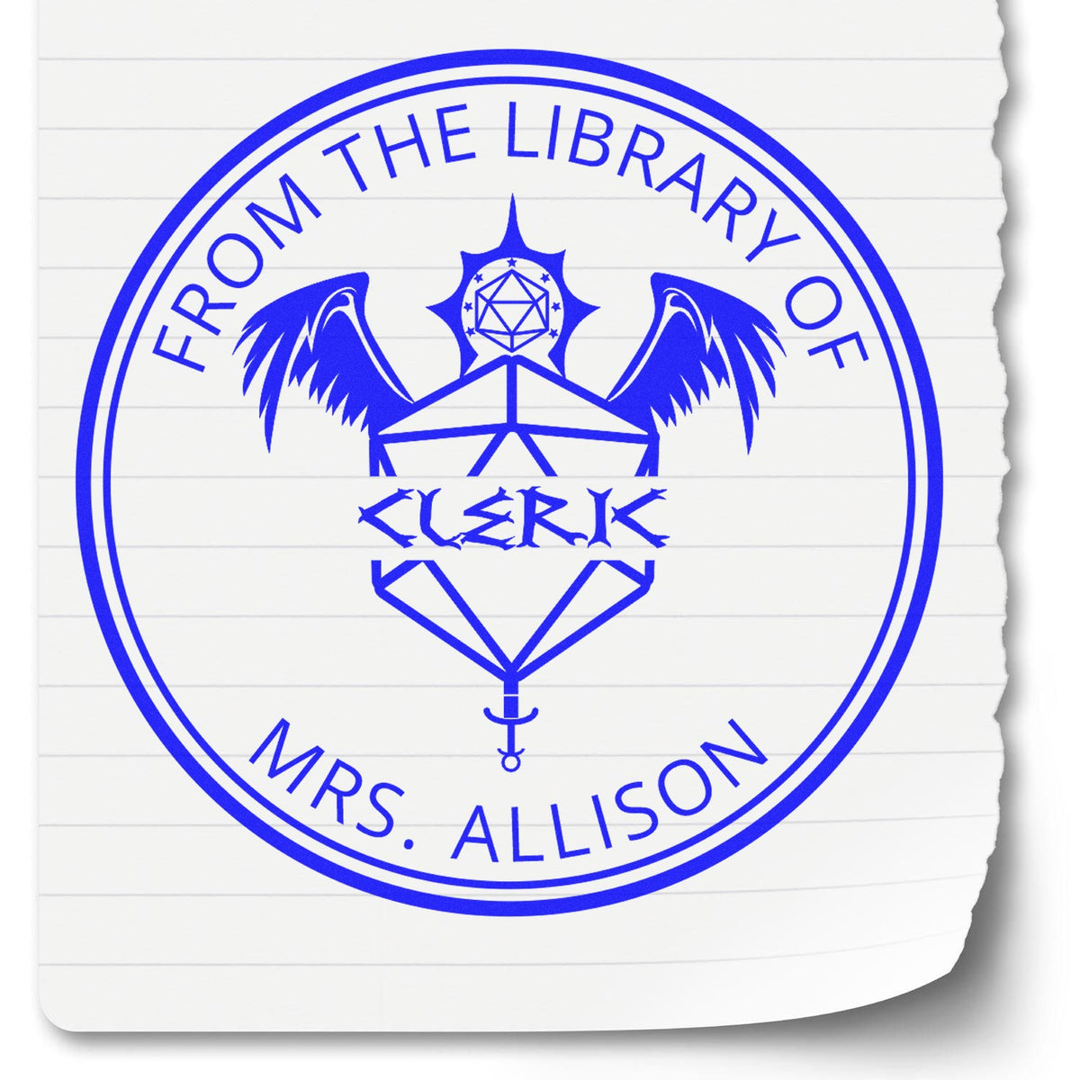Blue custom library stamp seal in bright blue with winged geometric emblem and From the Library of Clerik Mrs. Allison text on lined paper.