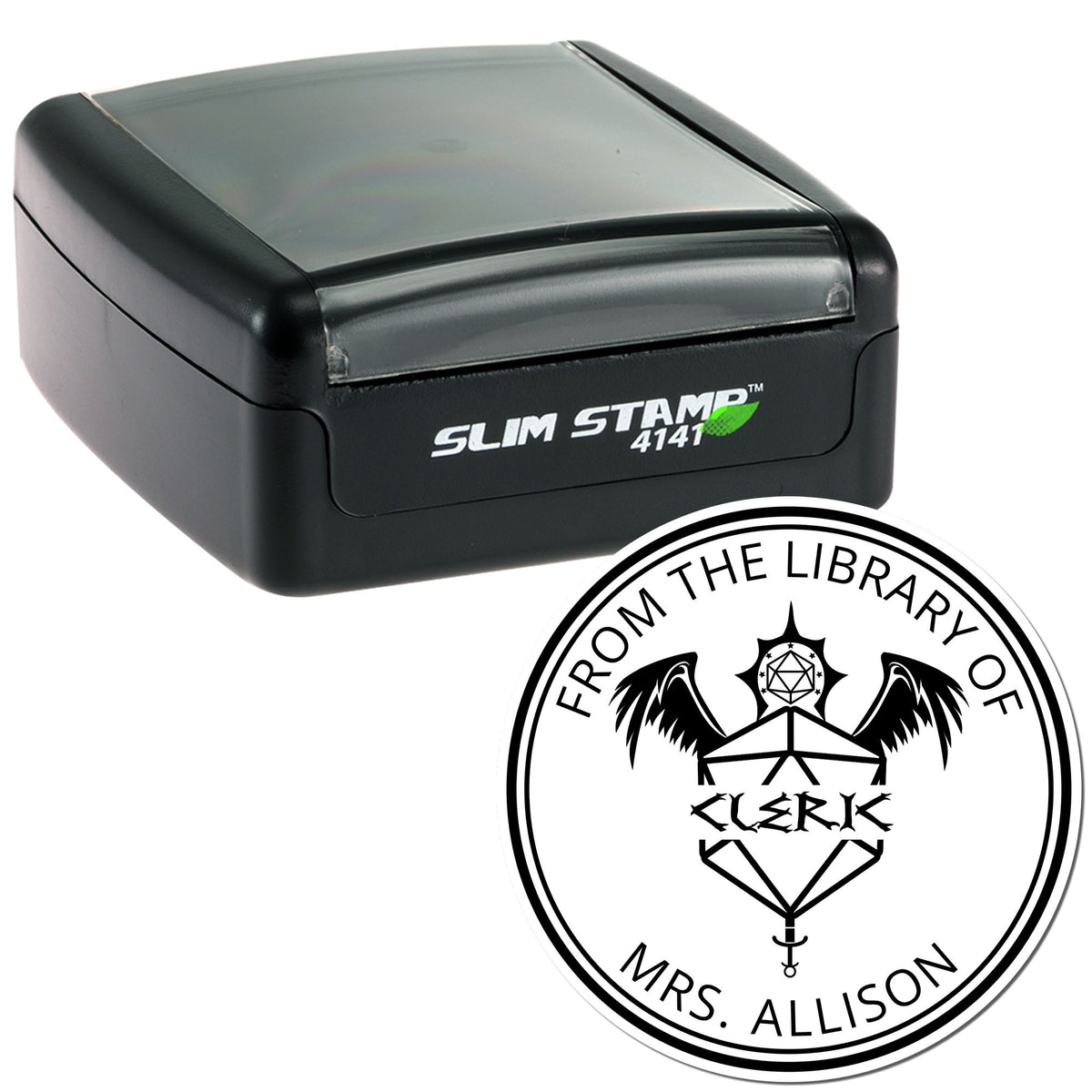 Black Slim Stamp 4141 self-inking stamp with a custom white-and-black circular library seal for Mrs. Allison.