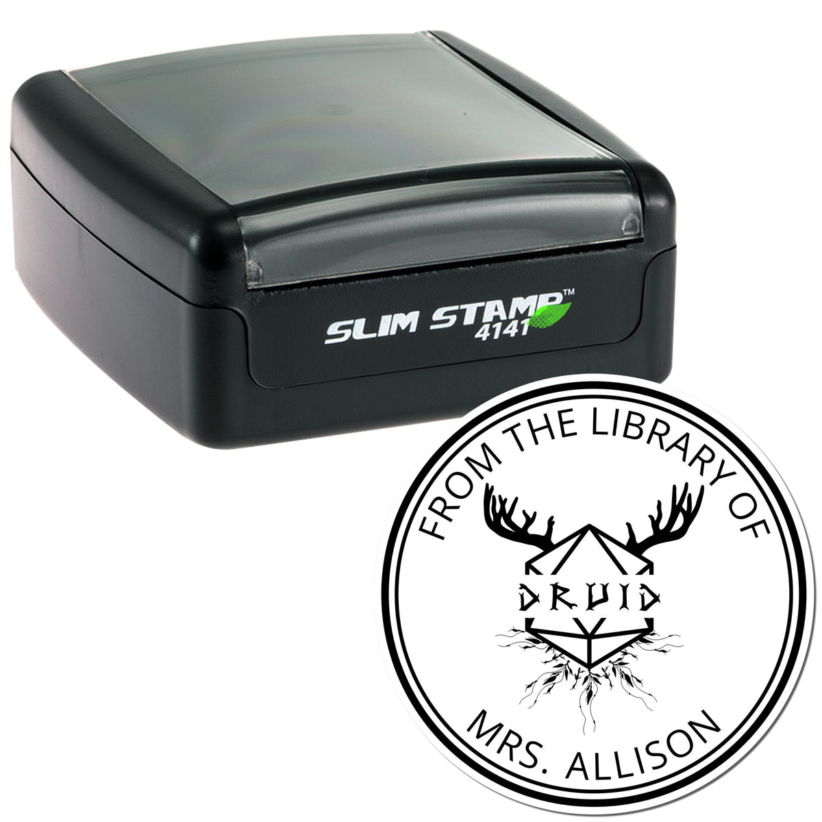 Black Slim Stamp 4141 self-inking stamp with gray lid and custom round white library seal reading Mrs. Allison.