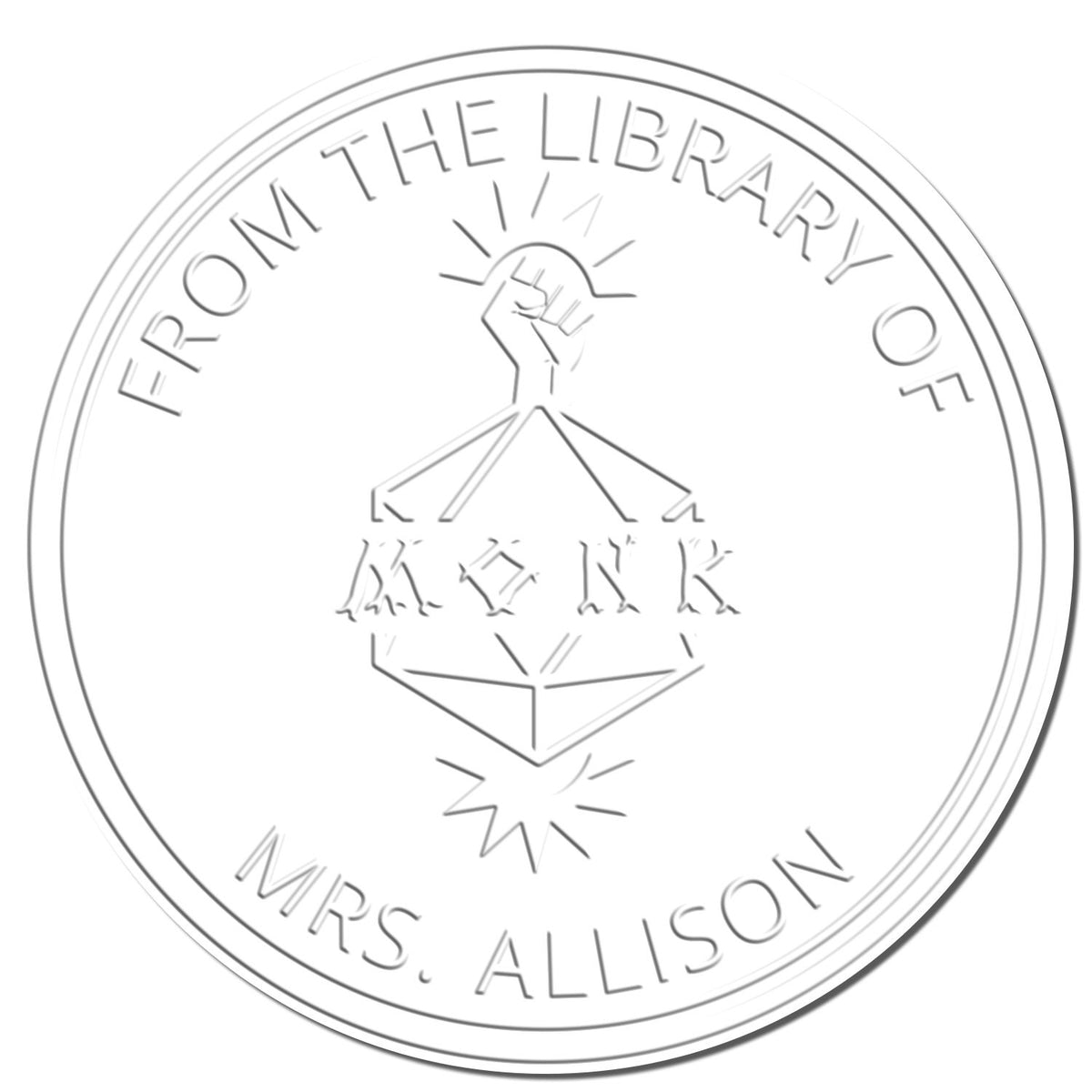 Silver-gray embossed circular library stamp seal reading From the Library of Mrs. Allison with a book-and-hand emblem.