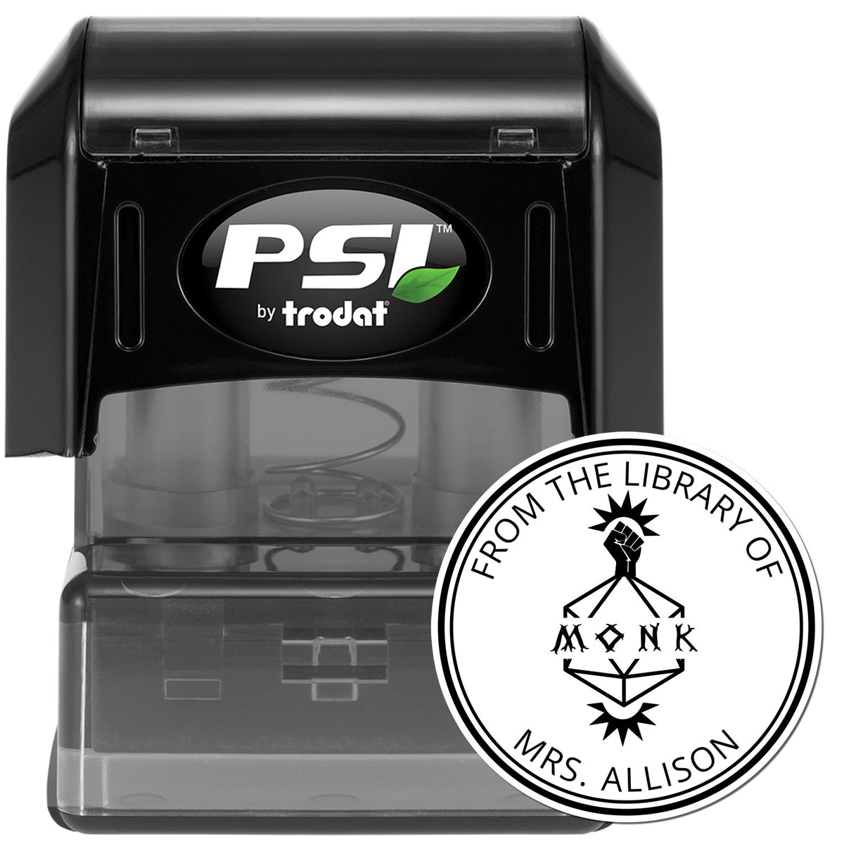 Black PSI by Trodat self-inking stamp with clear base and white circular library seal for Mrs. Allison