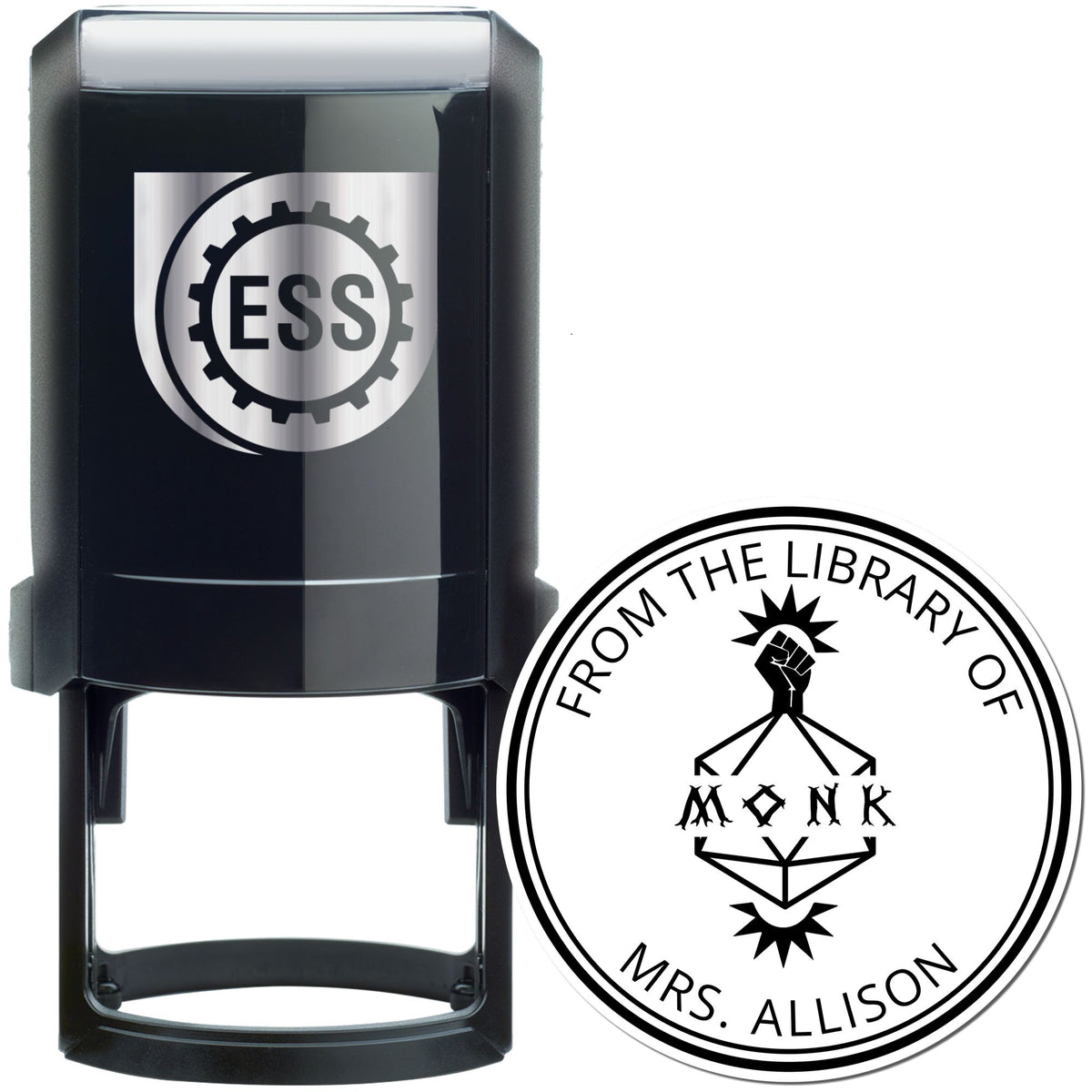 Black self-inking stamp and round library seal with silver ESS logo and From the Library of Monk Mrs. Allison text