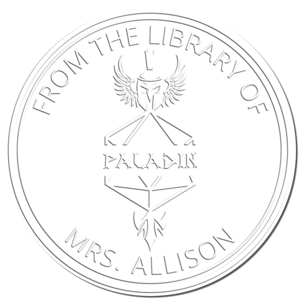 Grayscale circular embossed stamp seal with winged helmet emblem, From the Library of, Paladin, and Mrs. Allison.