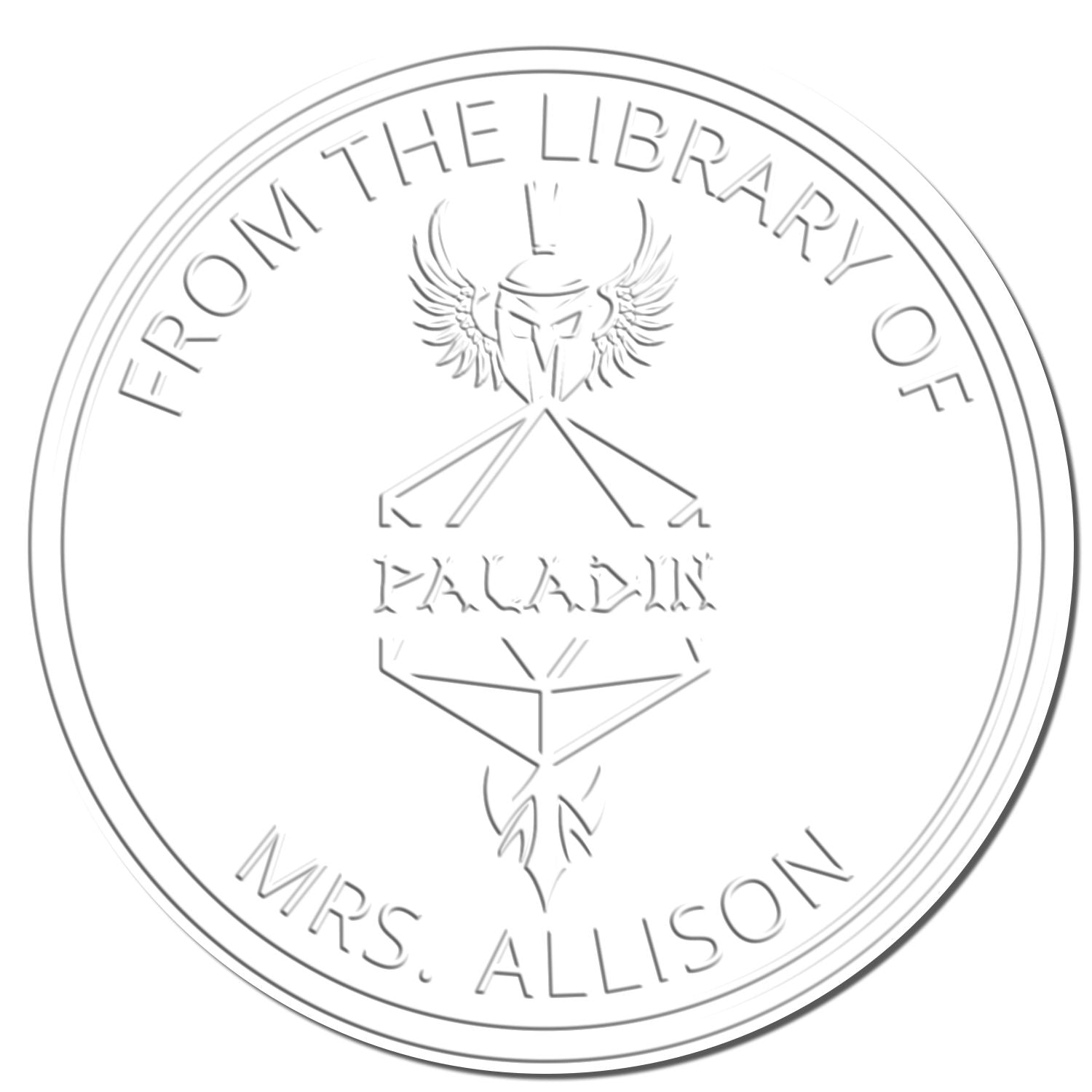 White embossed circular library stamp seal with winged helmet emblem and text, From the Library of Paladin Mrs. Allison.