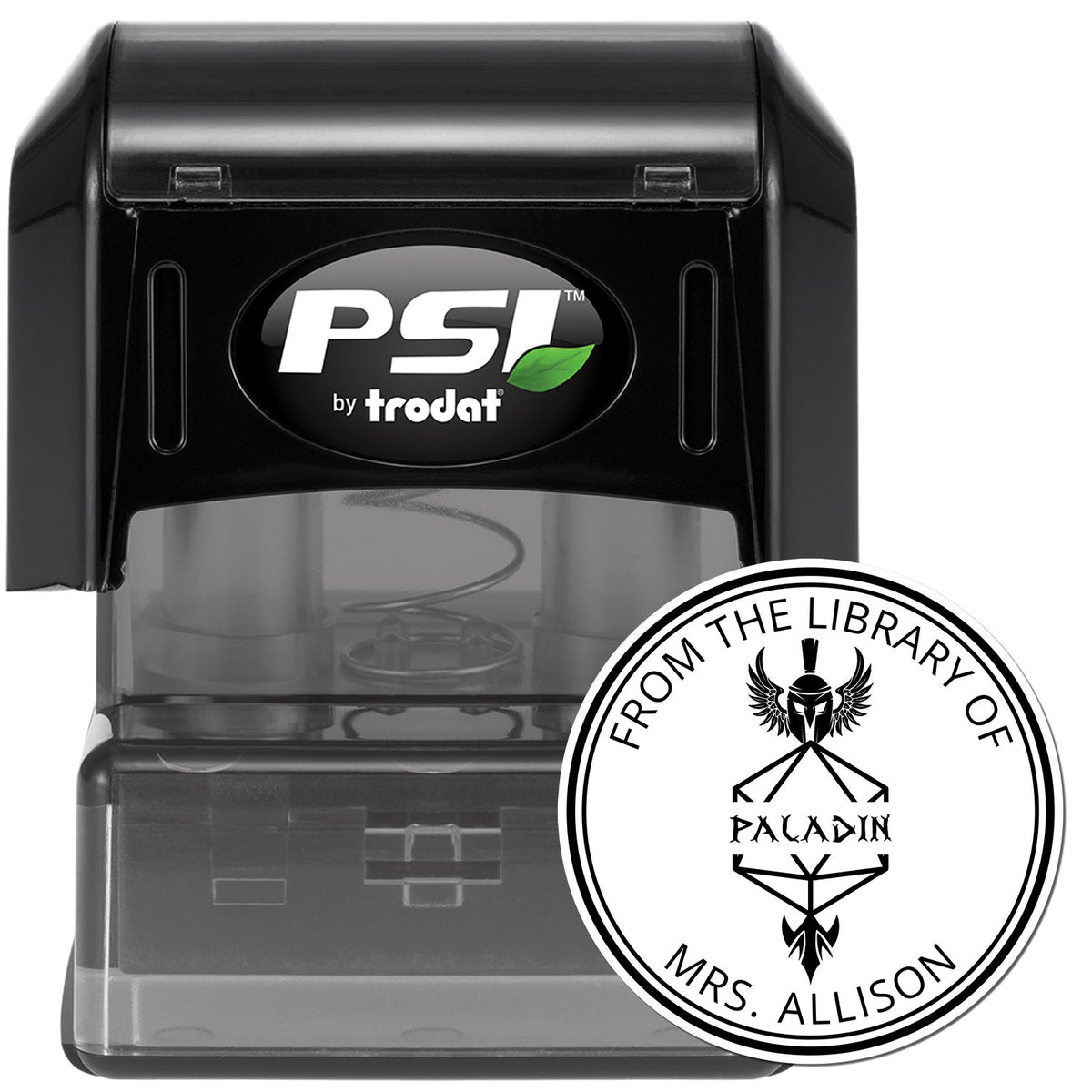Black PSI by Trodat self-inking stamp with circular white-and-black library seal reading From the Library of Mrs. Allison Paladin