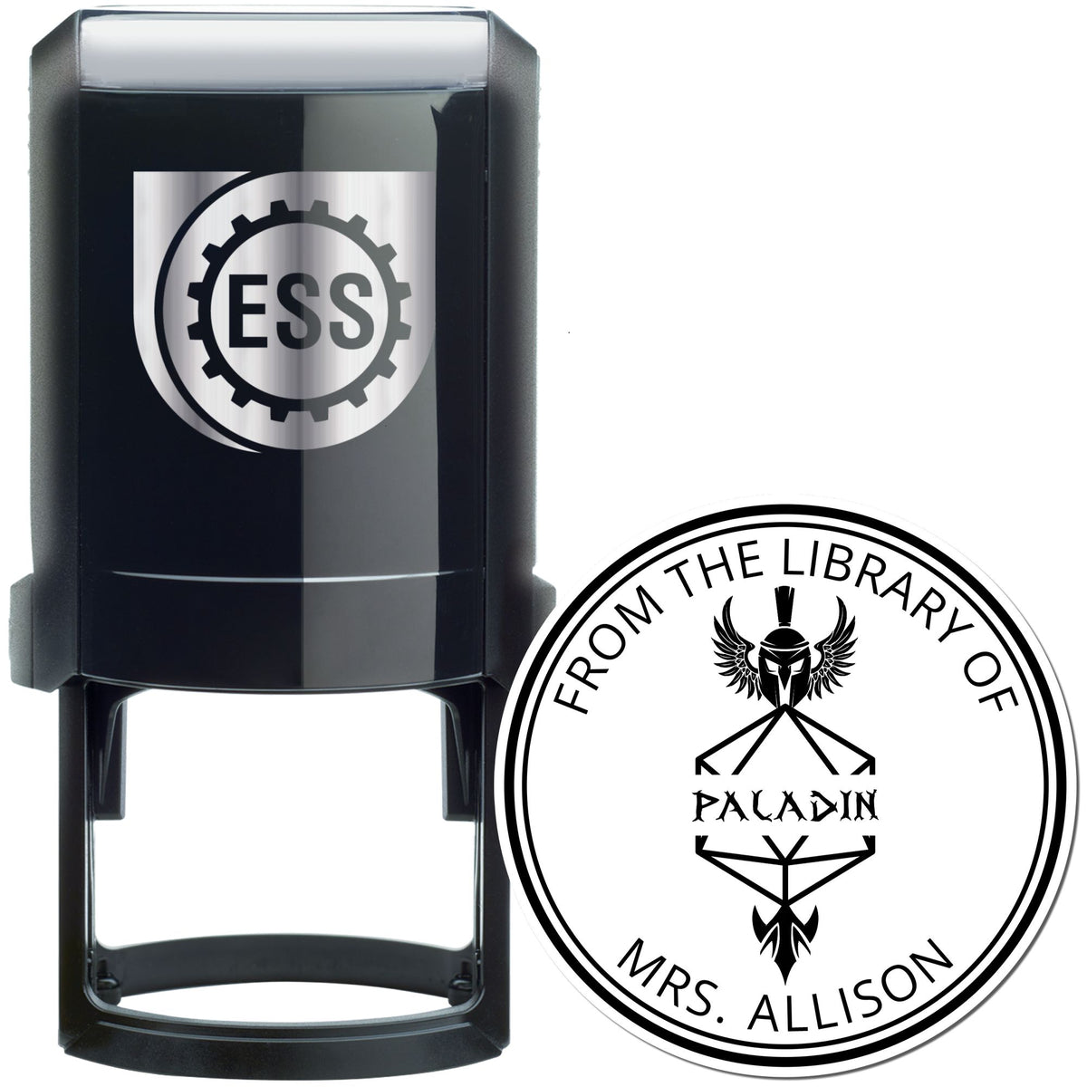 Black self-inking stamp and round custom library seal with silver ESS logo and white text reading "From the Library of Paladin Mrs. Allison".