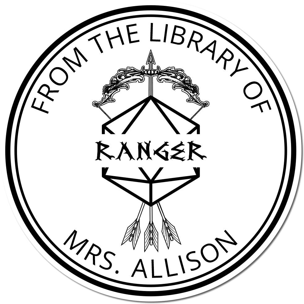 Black-and-white circular custom stamp seal with arrow motif and text, From the Library of Ranger Mrs. Allison.