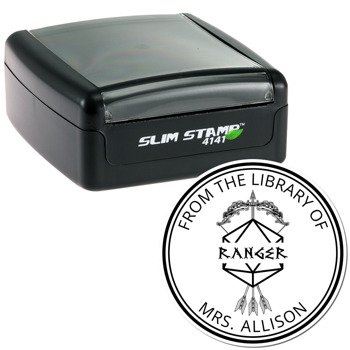 Black Slim Stamp 4141 self-inking stamp with circular library seal reading From the Library of Ranger Mrs. Allison