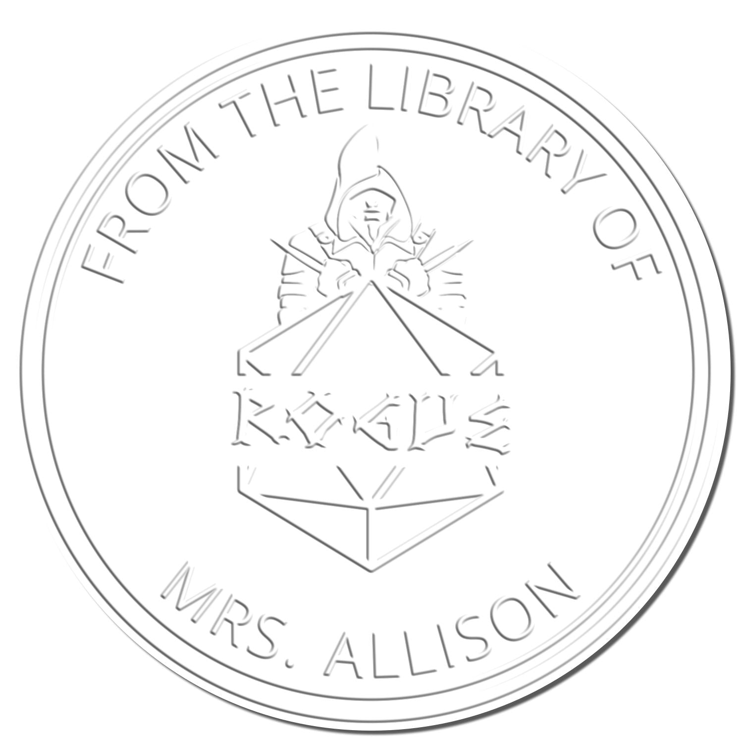 White embossed circular stamp seal with gray lettering, hooded reader logo, and From the Library of Mrs. Allison text.
