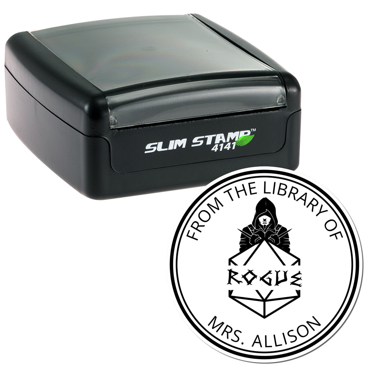 Black Slim Stamp 4141 self-inking stamp with round library seal reading From the Library of Rogue Mrs. Allison