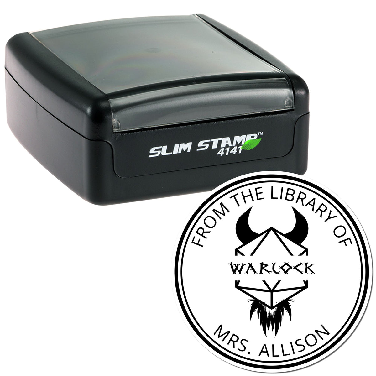 Black Slim Stamp 4141 self-inking stamp with round white library seal reading From the Library of Warlock Mrs. Allison