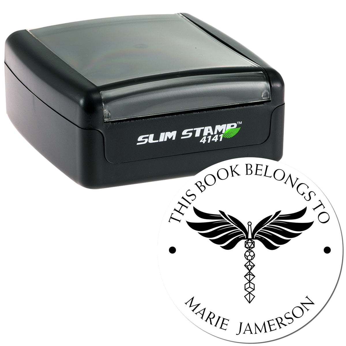 Black Slim Stamp 4141 with translucent gray top and round white book seal reading This Book Belongs to Marie Jamerson.