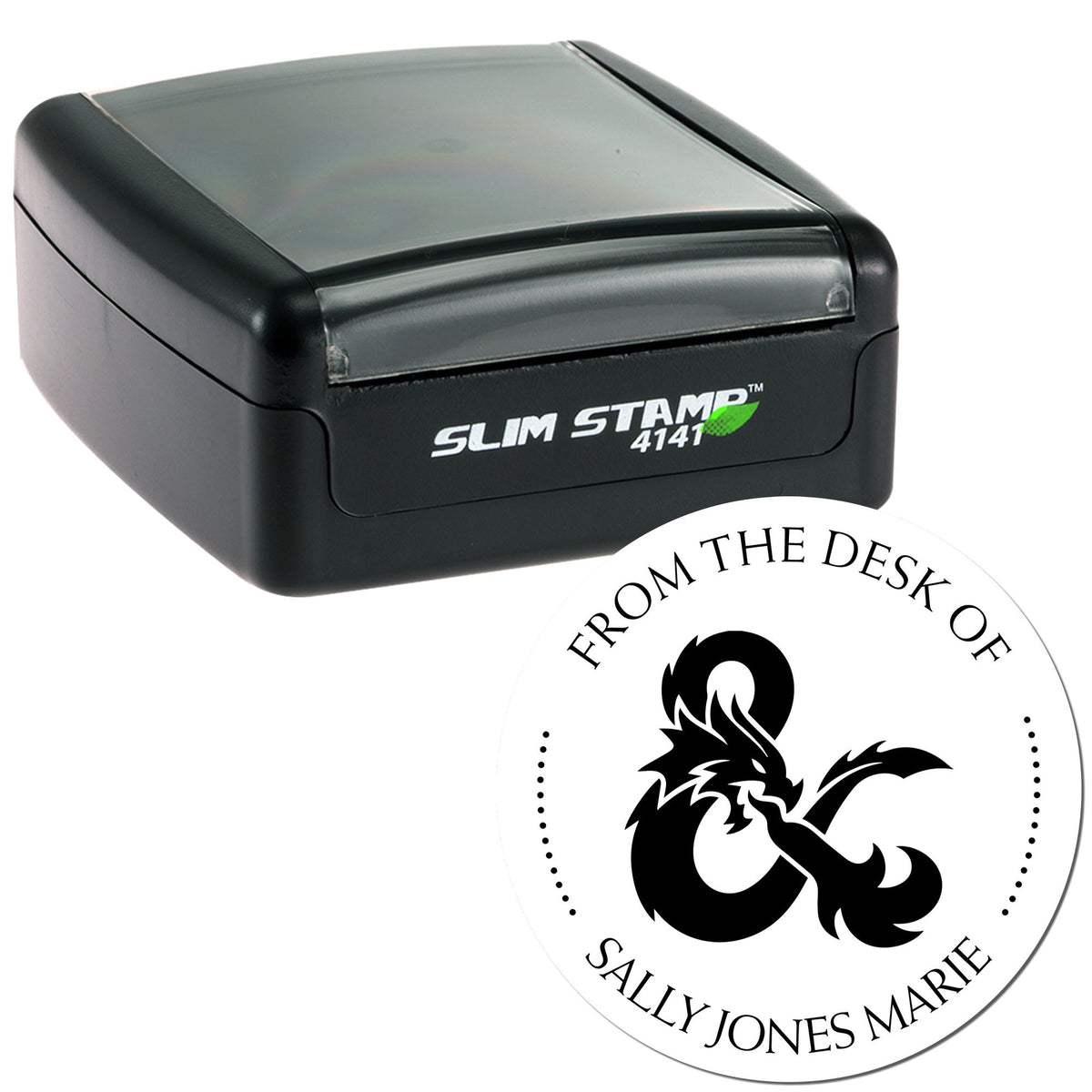 Black Slim Stamp 4141 self-inking stamp with clear lid and round white seal reading From the Desk of Sally Jones Marie