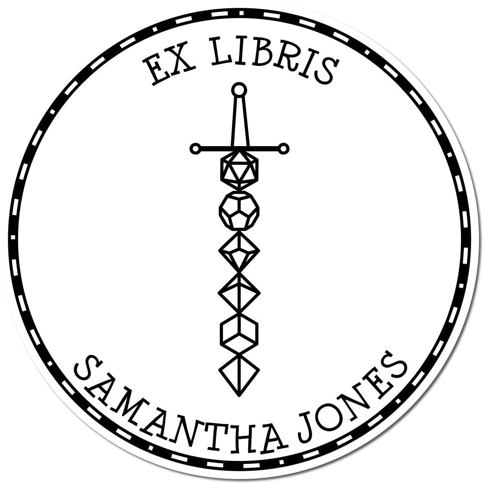 Round black-and-white Ex Libris stamp seal with a geometric sword design and Samantha Jones text.