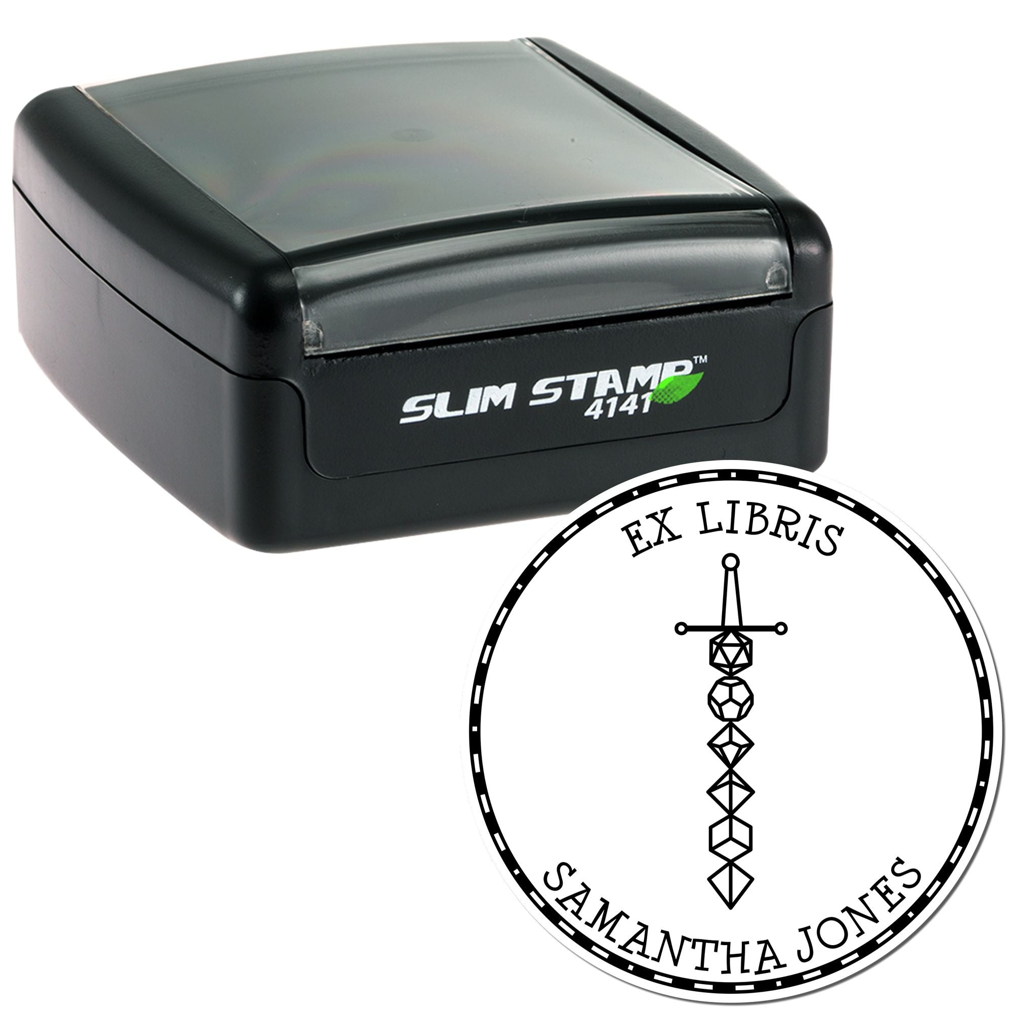 Black Slim Stamp 4141 in black and gray with custom circular book seal reading Ex Libris Samantha Jones and a geometric emblem
