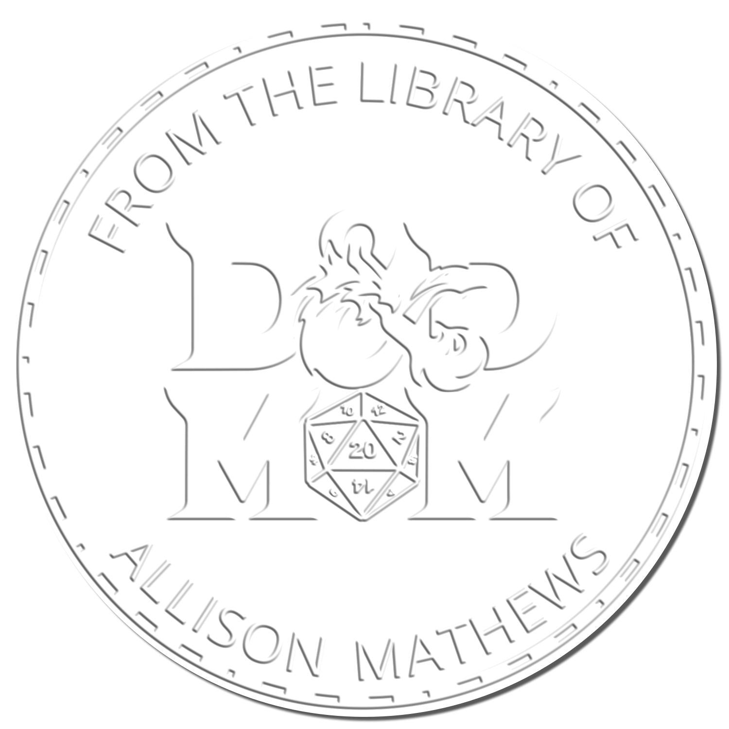 Gray circular stamp-and-seal design with embossed library text, D20 dice emblem, and dragon motif for Allison Mathews.