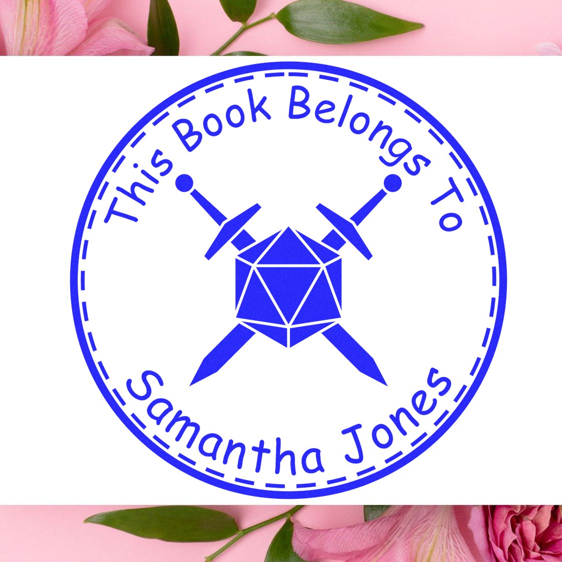 Blue circular book ownership seal with crossed swords and gem icon, reading This Book Belongs To Samantha Jones.