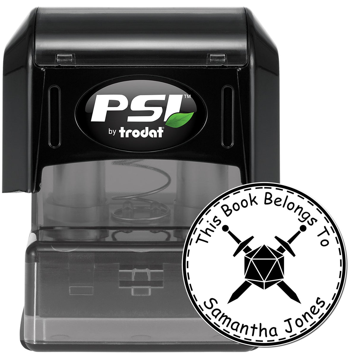 Black PSI by trodat self-inking stamp with clear base and white round This Book Belongs To seal.
