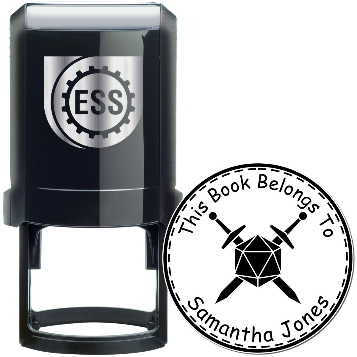 Black self-inking ESS stamp beside a round black-and-white book seal reading This Book Belongs To Samantha Jones.