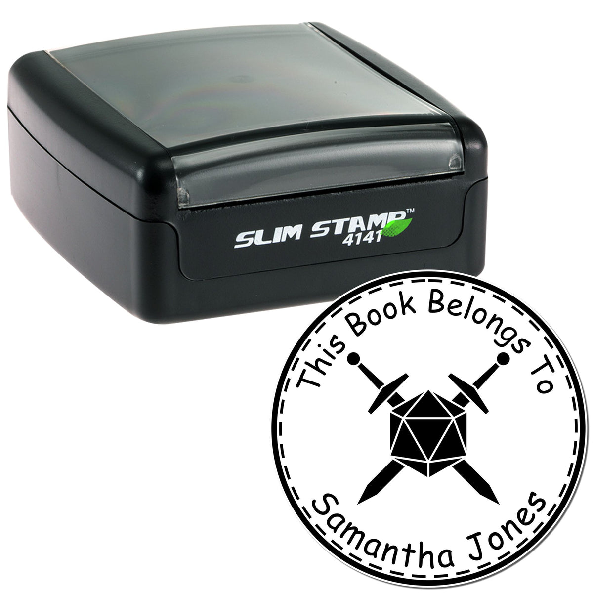 Black self-inking Slim Stamp 4141 and round book seal with crossed-swords logo, reading This Book Belongs To Samantha Jones.