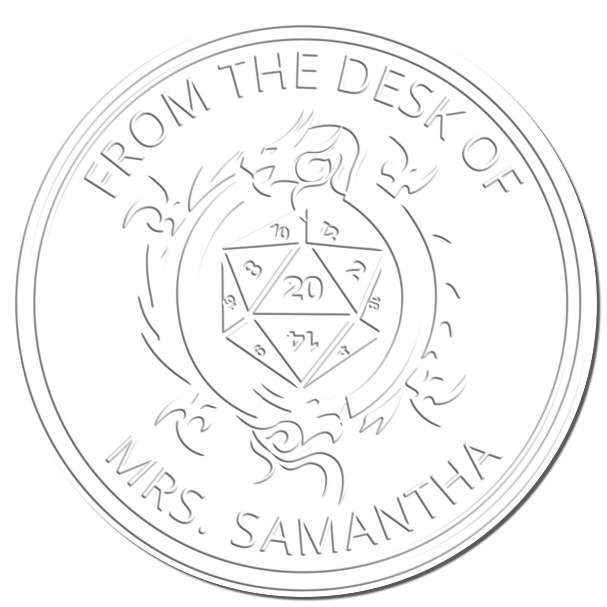 Close-up of ESS Talisman of Pure Good Game Player handheld fantasy stamp with embossed personalized Ex Libris design.