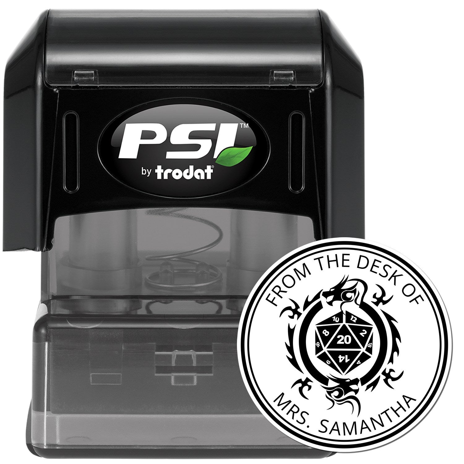 Black PSI by Trodat self-inking stamp with white custom round seal reading From the Desk of Mrs. Samantha.