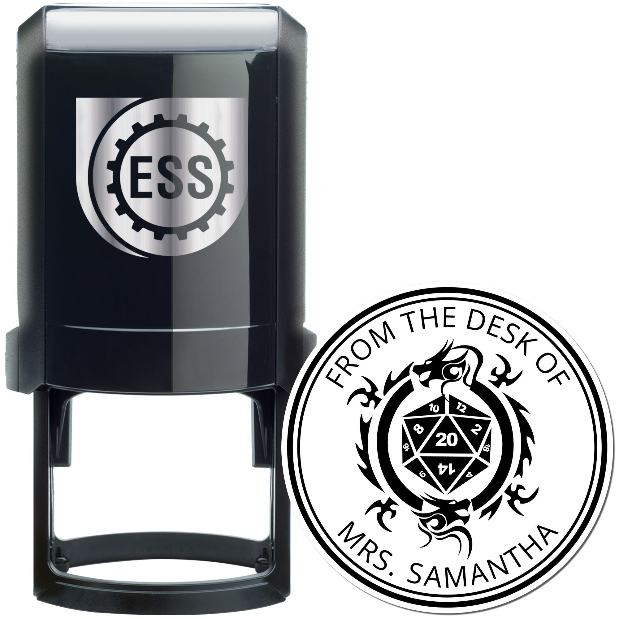 Black self-inking stamp with silver top and ESS logo, plus round black-and-white seal reading From the Desk of Mrs. Samantha.