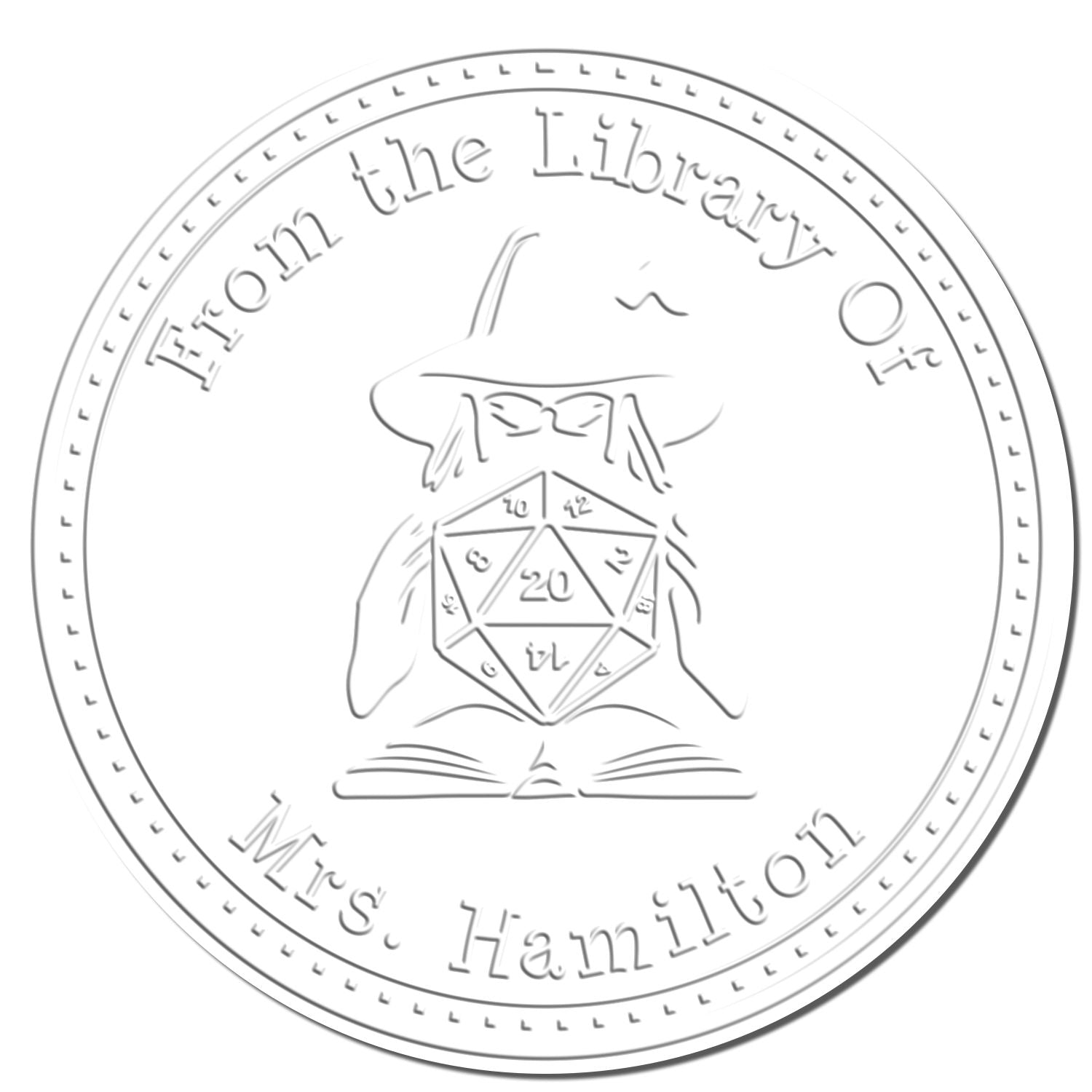 Light gray circular library stamp seal with wizard reading a book, holding a 20-sided die, and From the Library of Mr. Hamilton text.