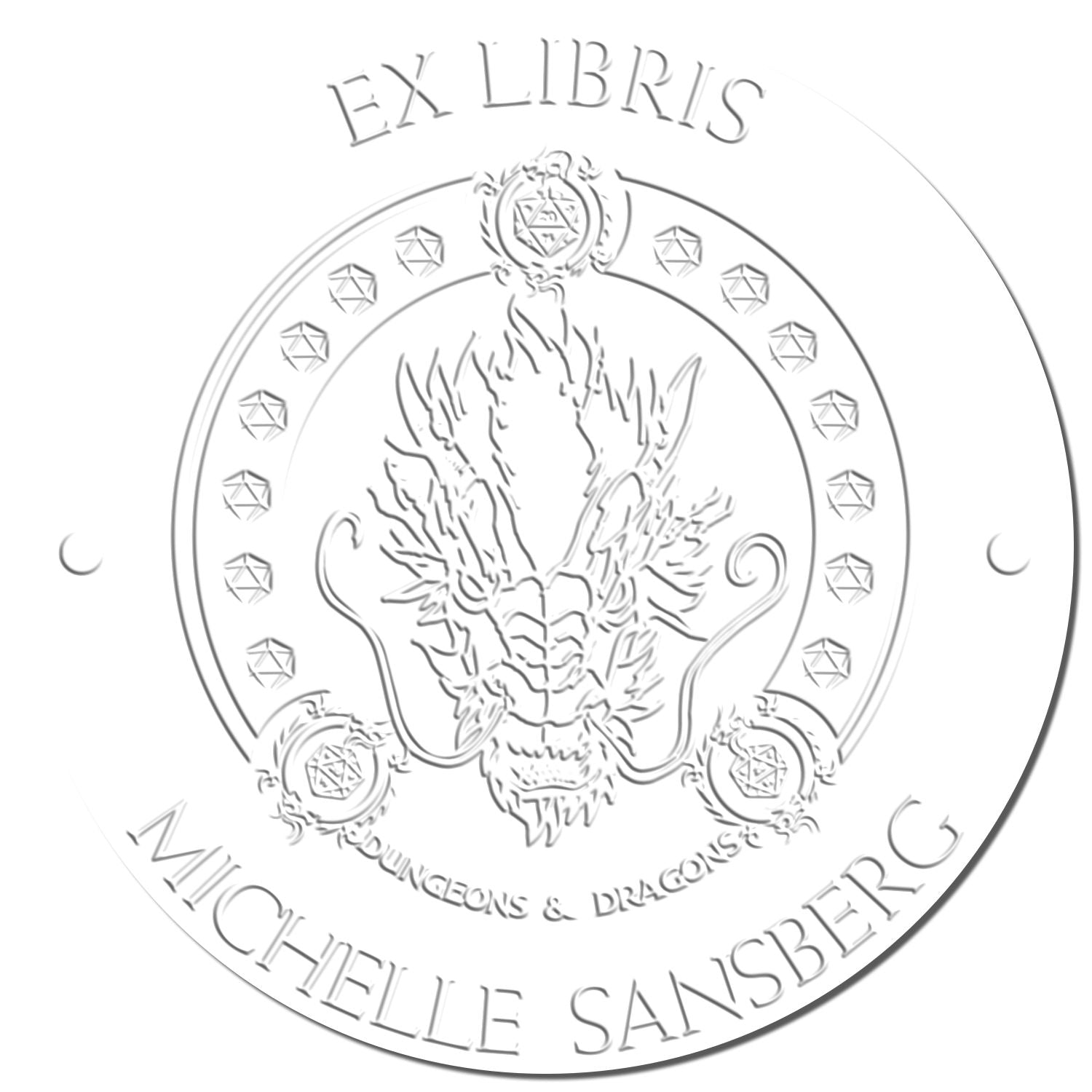 White embossed ex libris seal stamp with dragon crest and silver-gray lettering for Michelle Sansberg