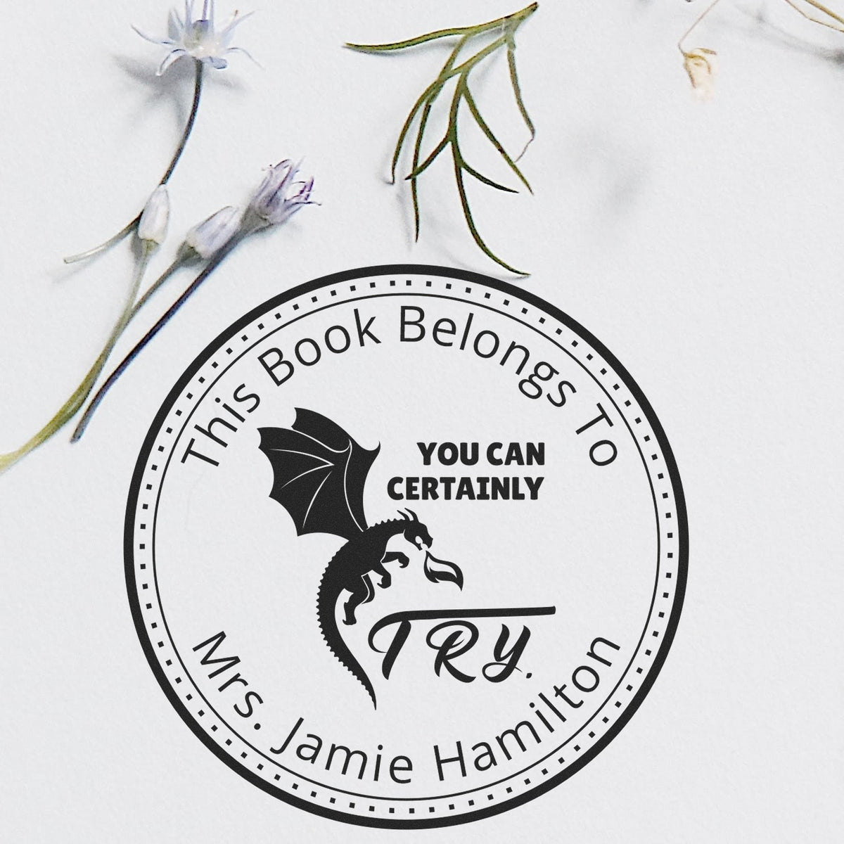 Black circular book stamp seal with dragon, "This Book Belongs to Mrs. Jamie Hamilton" and "You Can Certainly Try" text.