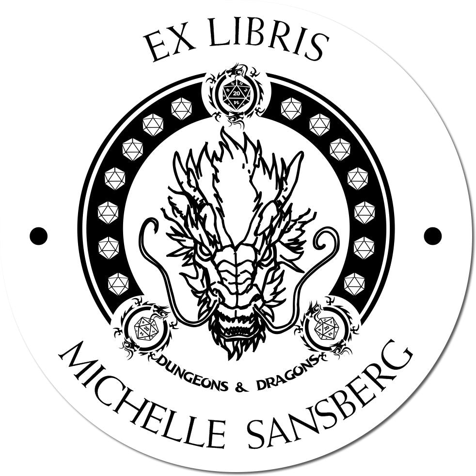 Round black-and-white ex libris stamp seal with dragon head, dice motifs, and Michelle Sansberg Dungeons & Dragons text.