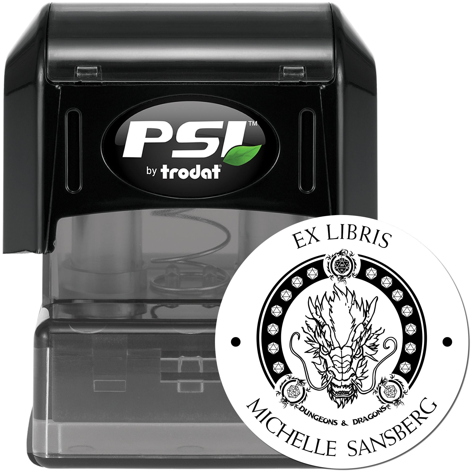 Black PSI by Trodat self-inking stamp with translucent case and round white Ex Libris dragon seal