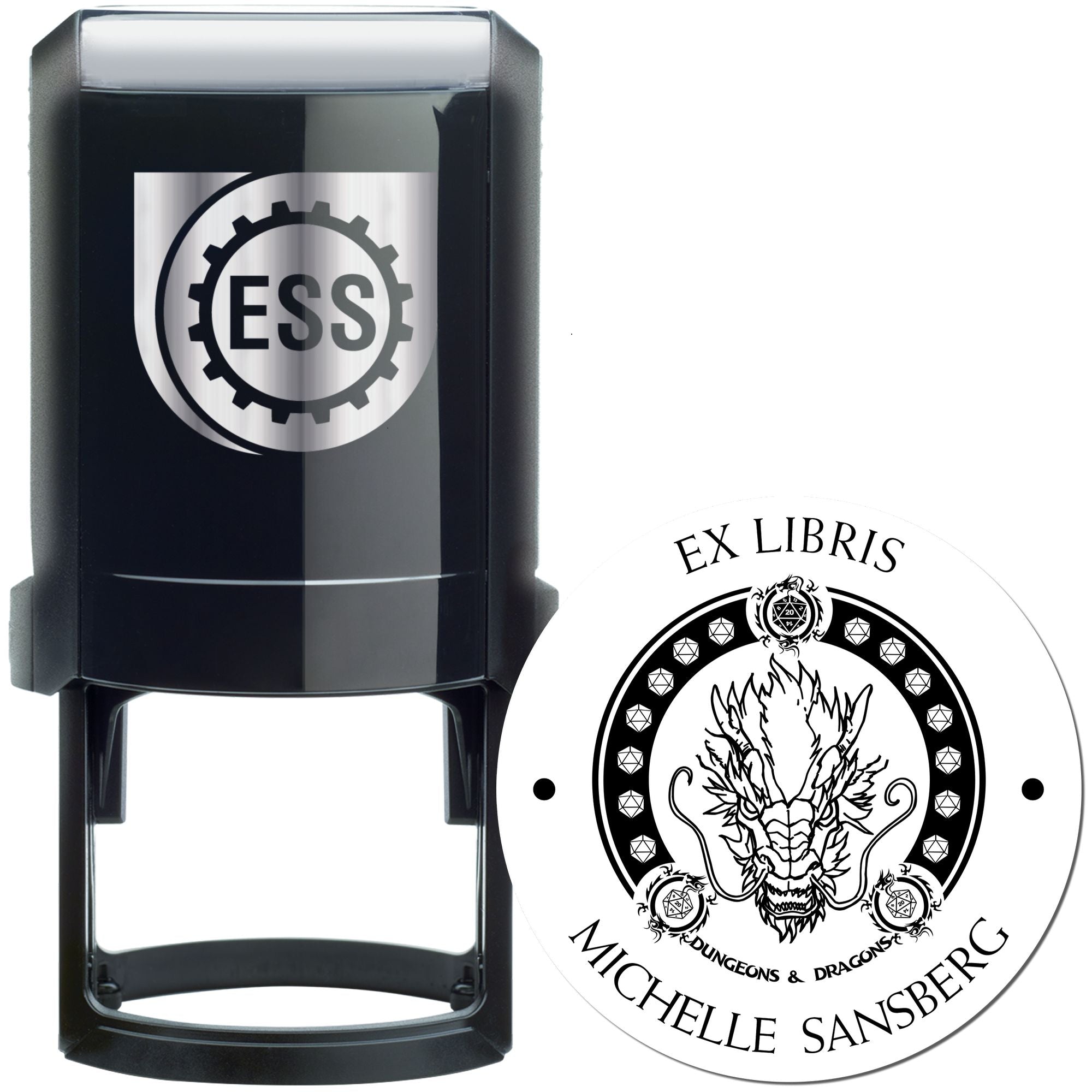 Black self-inking ESS stamp and white round Ex Libris seal with dragon and Dungeons & Dragons text, Michelle Sansberg name.