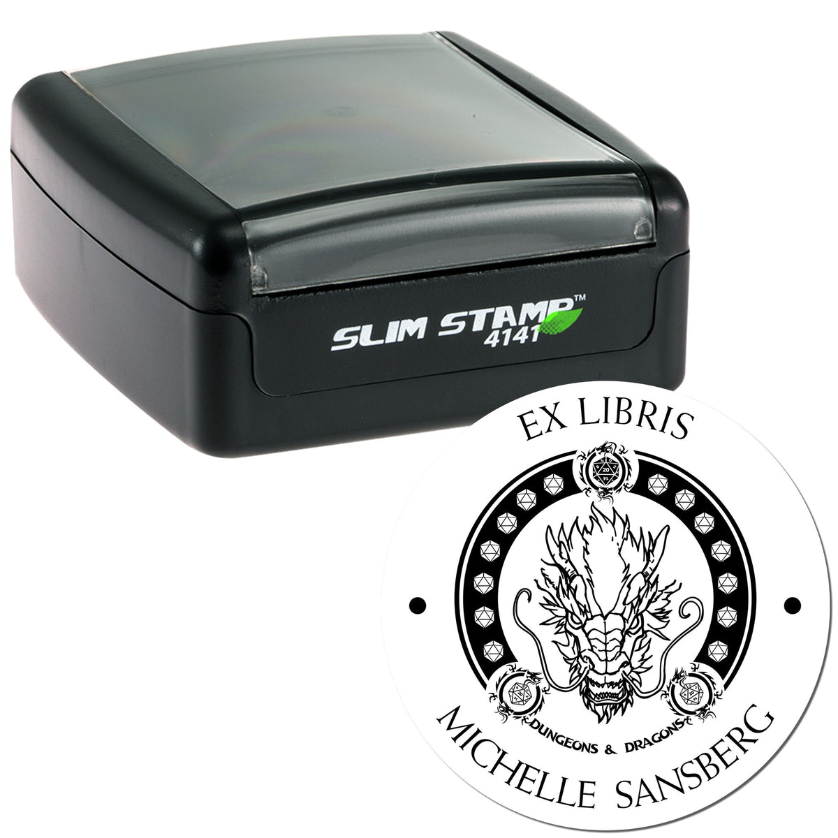Black Slim Stamp 4141 self-inking stamp with a custom round Ex Libris seal, black-and-white dragon crest design.
