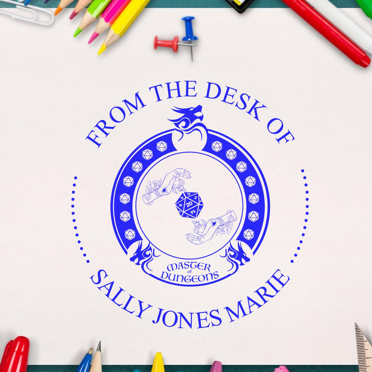 Blue custom stamp and seal reading From the Desk of Sally Jones Marie with Master of Dungeons and colorful pencils.
