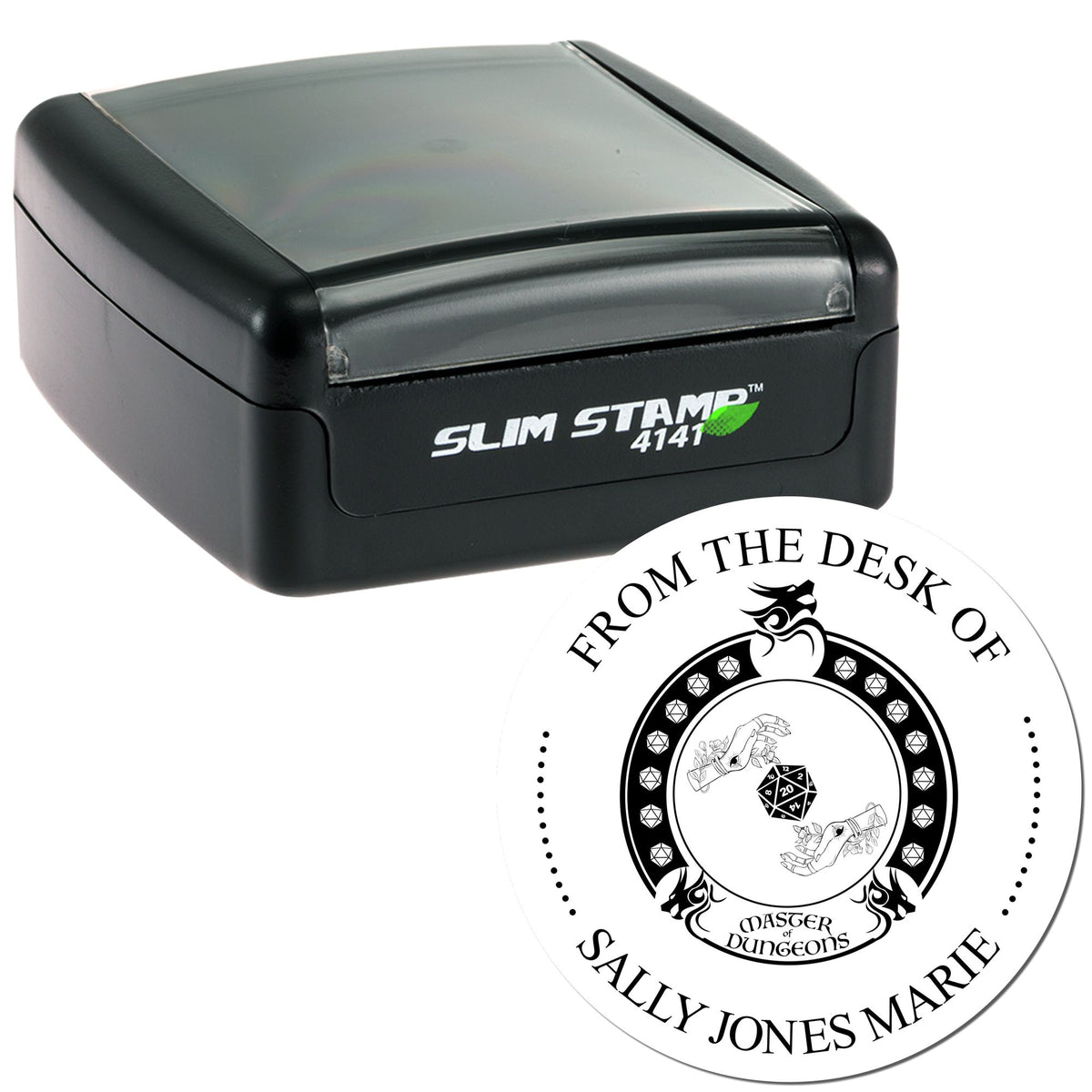 Black Slim Stamp 4141 with a custom round seal, featuring black text and fantasy artwork on a white background.