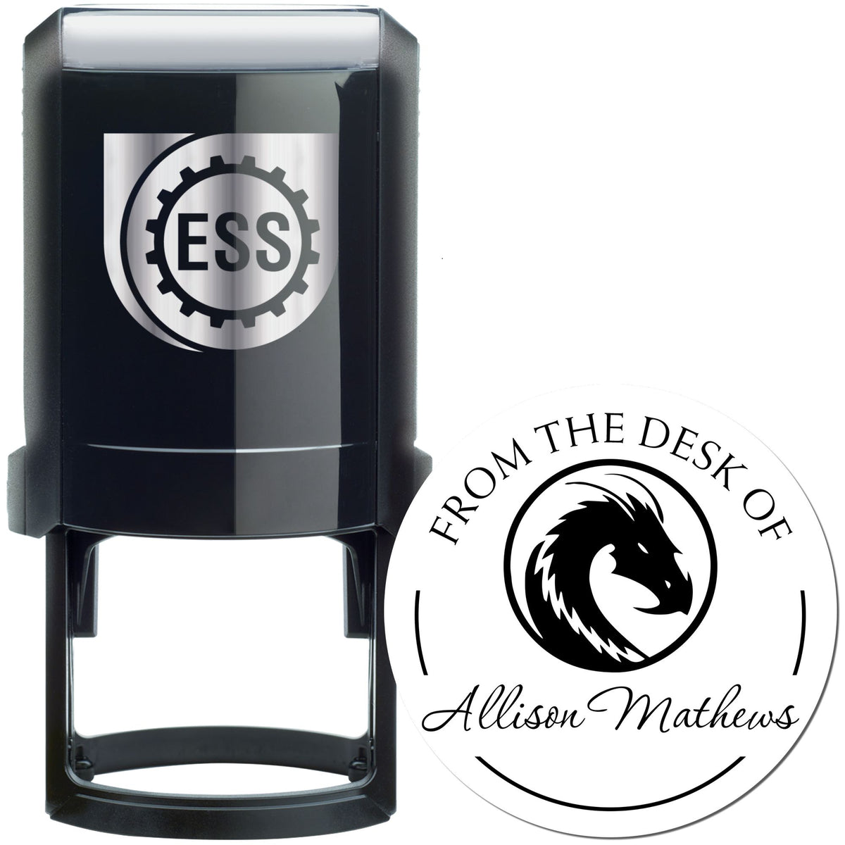 Black self-inking stamp and custom seal products with ESS logo, lion emblem, and white circular design on white background.