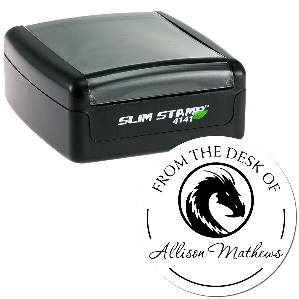 Black slim self-inking stamp and round custom seal with dragon logo, reading From the Desk of Allison Mathews
