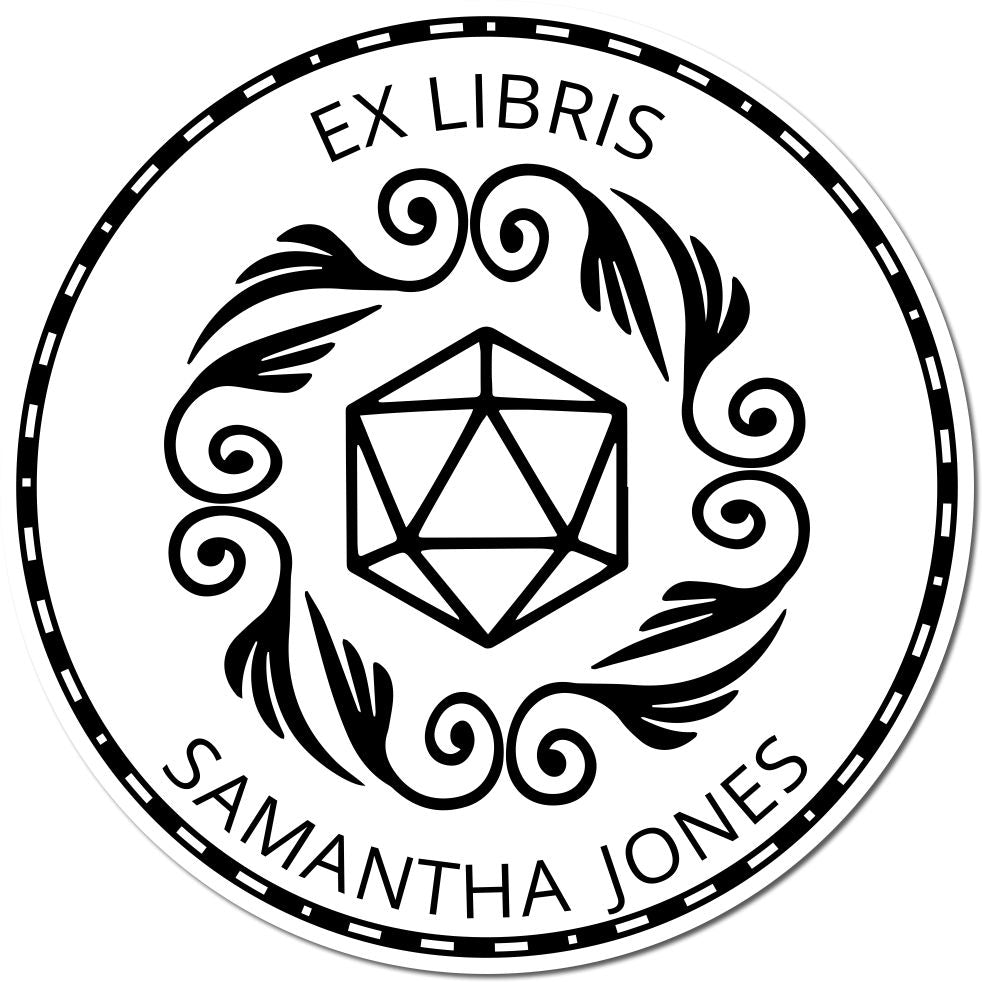 Black-and-white circular ex libris stamp seal with geometric gem, swirling floral border, and Samantha Jones text