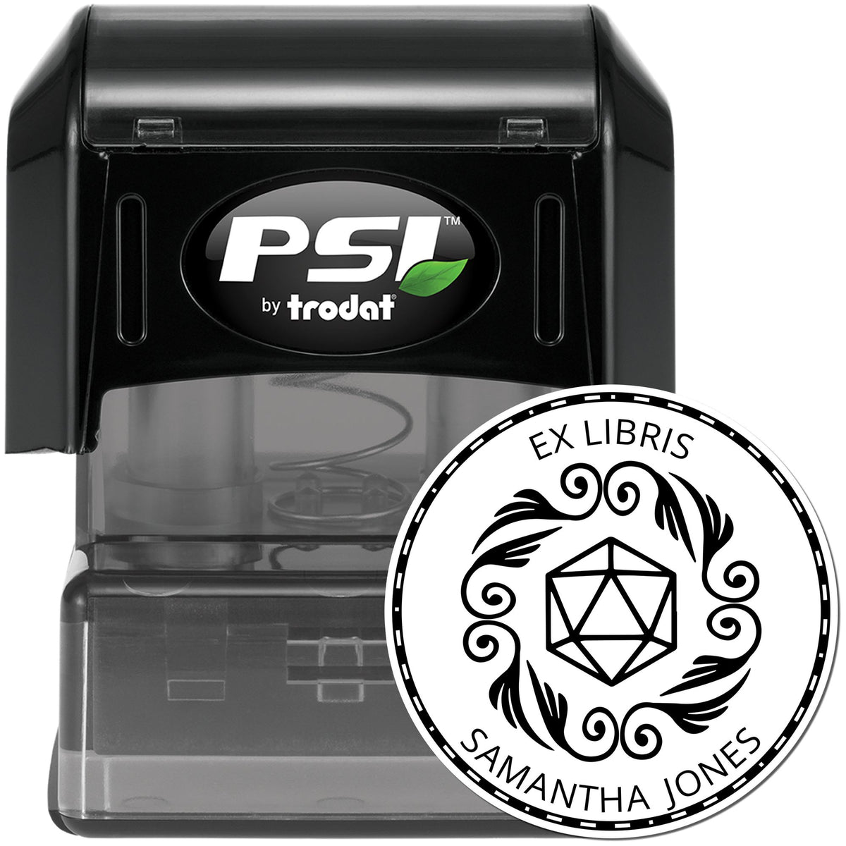 Black PSI by trodat stamp with translucent gray body and circular black-and-white ex libris seal design.