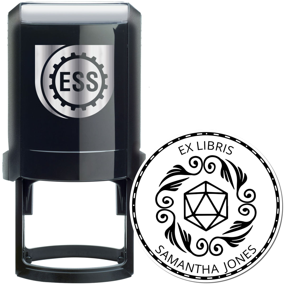 Black self-inking stamp and custom seal with ESS logo, plus round Ex Libris seal design in black and white.