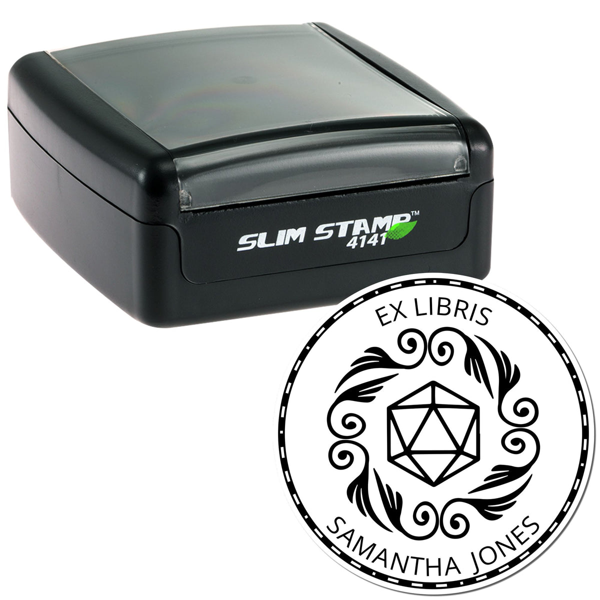 Black Slim Stamp 4141 with gray lid and black-and-white Ex Libris book seal design.