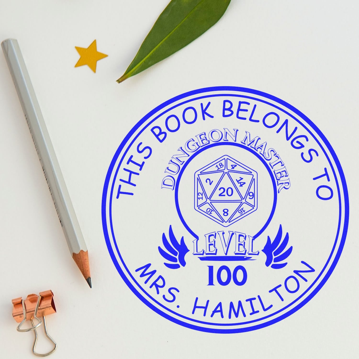 Blue custom stamp seal reading This Book Belongs to Mrs. Hamilton, Level 100 Dungeons Master, with pencil and leaf accents
