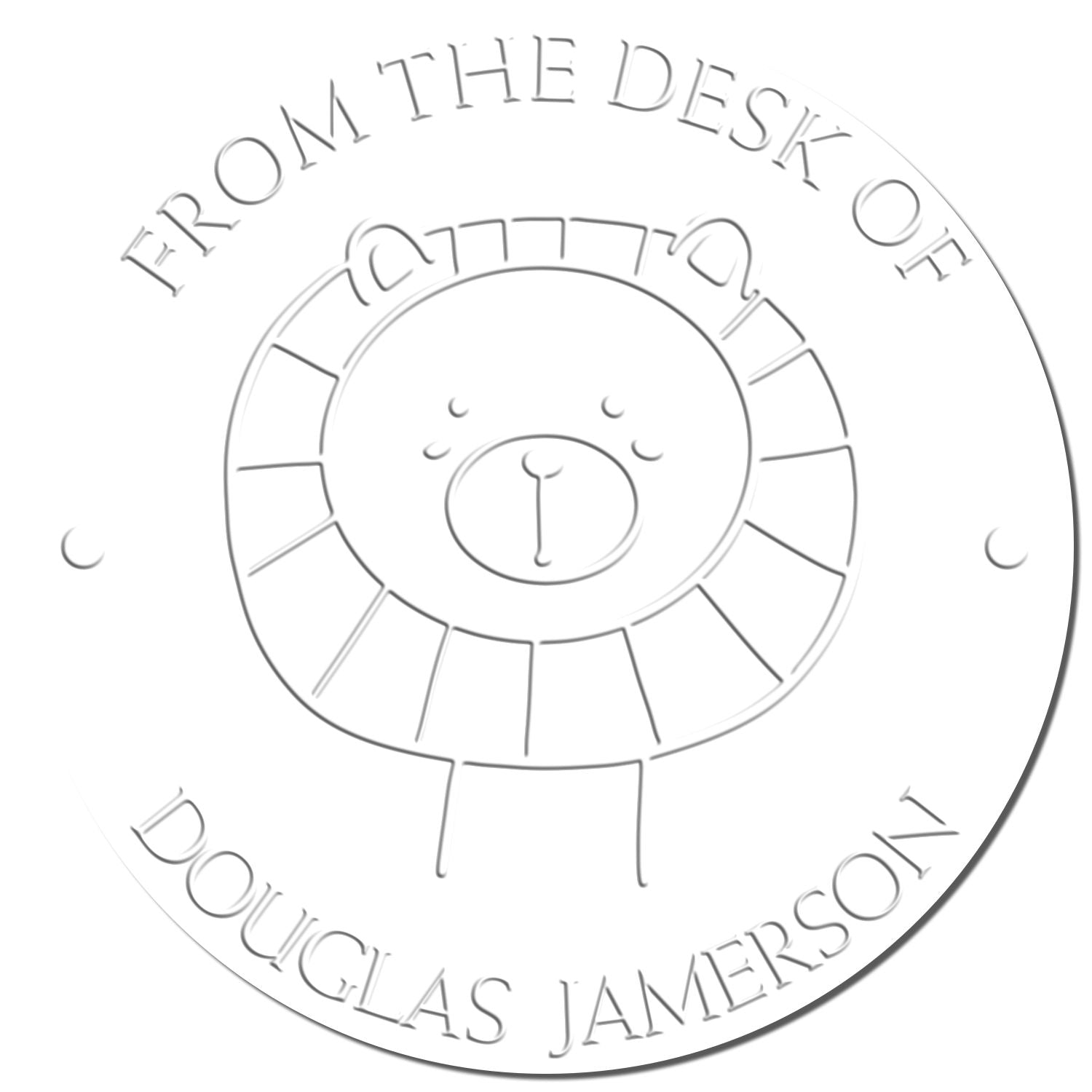 Image of a FlutterPaws cartoon animal embossing seal with the text 'From the Desk of Douglas Jamerson.' This custom-made home stamper is ideal for personalizing a book library. The design features a cute animal face, perfect for a personalized touch.