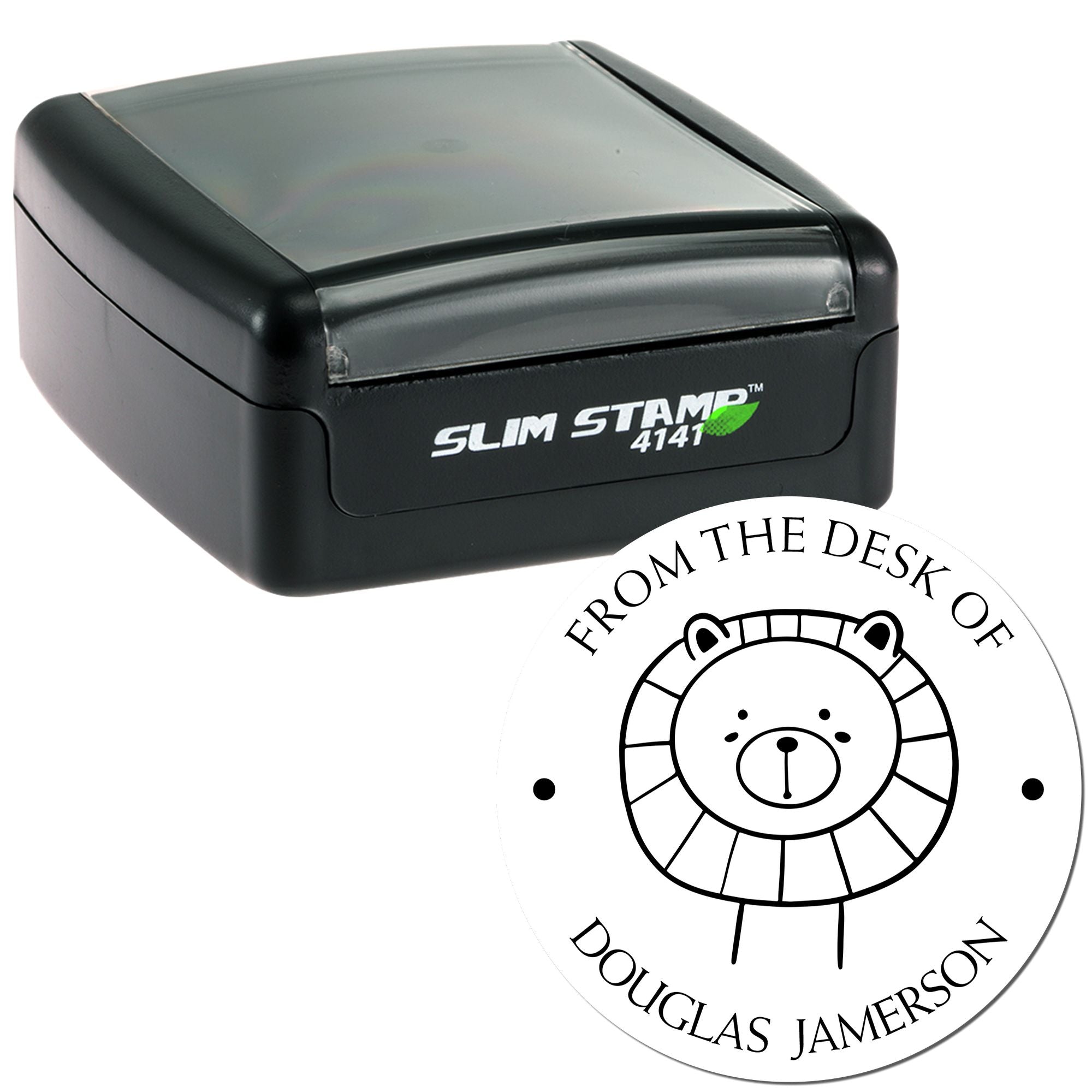 Image of a Slim Pre-Inked FlutterPaws Cartoon Animal Custom Book Identity Stamp featuring a lion design. The stamp is black and compact, ideal for custom-made mailing stamper needs. Text reads "From the desk of Douglas Jamerson."