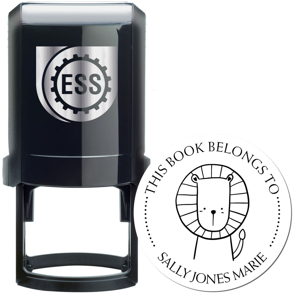 Black self-inking stamp with a circular design featuring a cartoon animal and text "This Book Belongs To Sally Jones Marie." Keywords: ZippyZap Cartoon Animal Self-Inking Custom-Made Ex Libris Design Stamp, Customizable Return Mail Stamper.